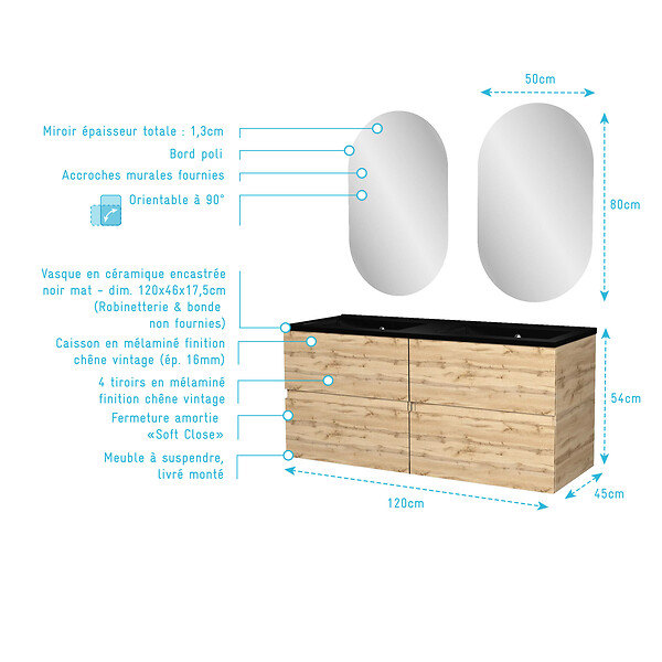 AURLANE - Meuble Salle de Bains 120cm 4 Tiroirs Chêne Naturel + Vasque Noire et Miroirs Ovales - large
