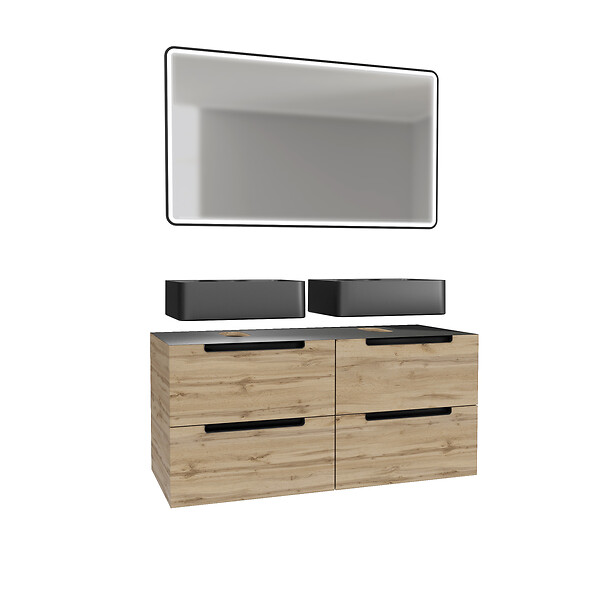 AURLANE - Meuble salle de bains 120cm Chêne et noir, Vasques rectangulaires et Miroir Black Led 120x70 - OMEGA - large