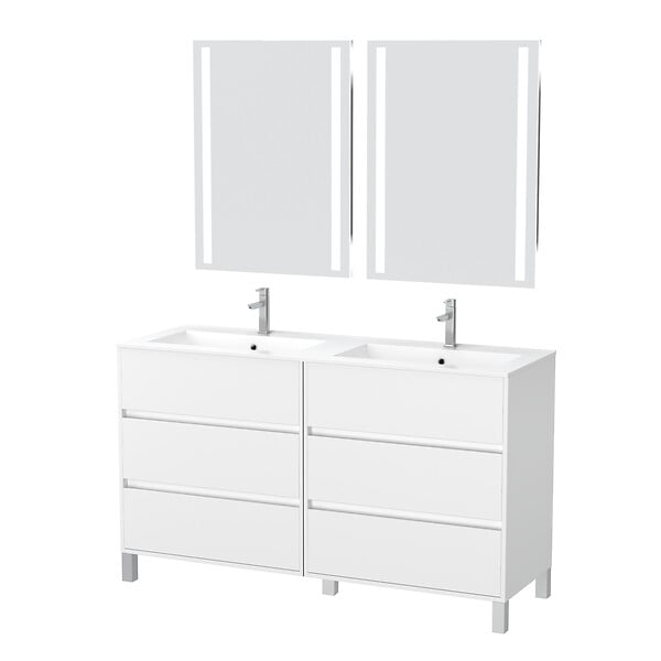 AURLANE - Meuble Salle de Bains 120 cm Laqué Blanc 6 Tiroirs, Vasque, Miroirs 60x80 à Leds intégrées - XENOS - large