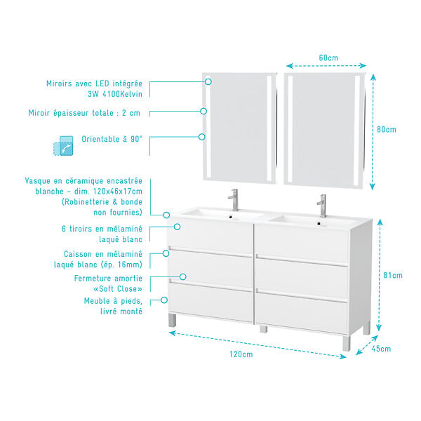 AURLANE - Meuble Salle de Bains 120 cm Laqué Blanc 6 Tiroirs, Vasque, Miroirs 60x80 à Leds intégrées - XENOS - large