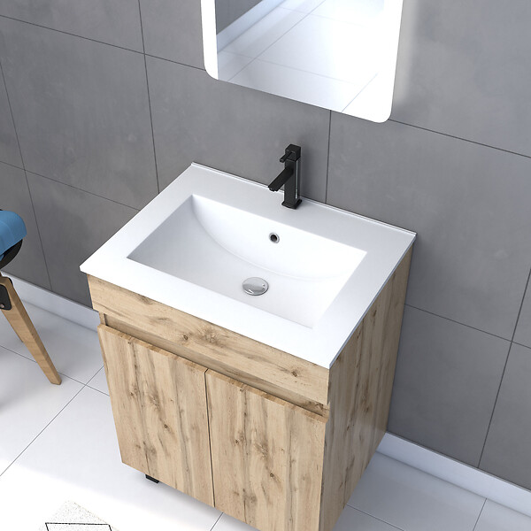 AURLANE - Meuble salle de bain 60x80 - Finition chene naturel - vasque blanche + miroir Led - TIMBER 60 - large