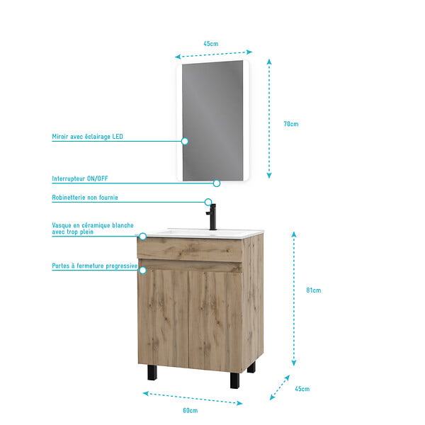 AURLANE - Meuble salle de bain 60x80 - Finition chene naturel - vasque blanche + miroir Led - TIMBER 60 - large