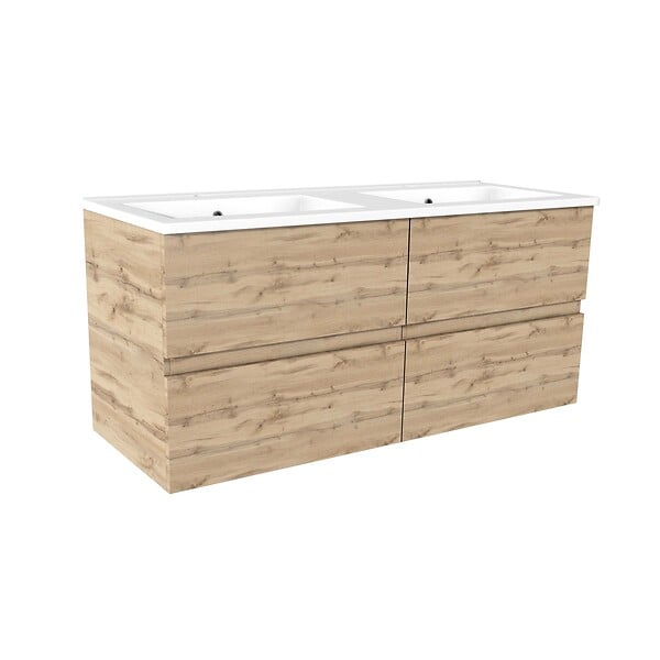 AURLANE - Meuble de salle de bains 120cm 4 Tiroirs_Chêne Naturel + Vasque céramique blanche - TIMBER 120 - large
