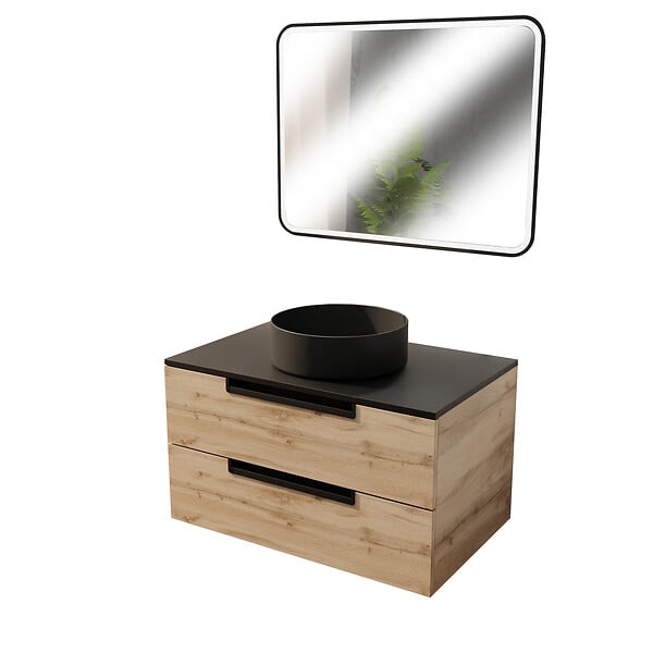 AURLANE - Meuble salle de bains 80cm Decor Bois et Noir, 2 Tiroirs, Vasque Noire 36cm et Miroir Led 80x60cm - large