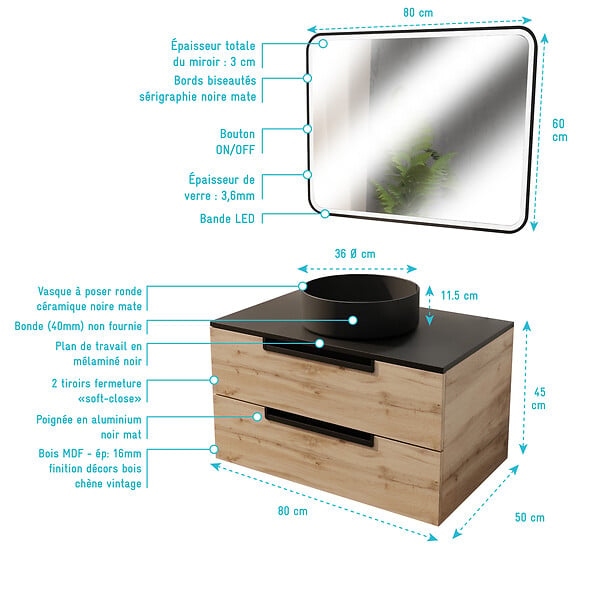 AURLANE - Meuble salle de bains 80cm Decor Bois et Noir, 2 Tiroirs, Vasque Noire 36cm et Miroir Led 80x60cm - large