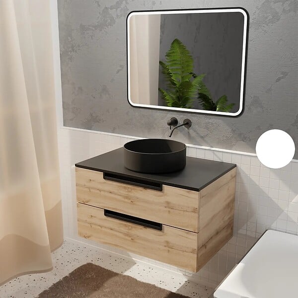 AURLANE - Meuble salle de bains 80cm Decor Bois et Noir, 2 Tiroirs, Vasque Noire 36cm et Miroir Led 80x60cm - large