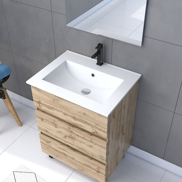 AURLANE - Pack Meuble SDB 60cm sur pieds 3 tiroirs Chene_Vasque blanche + Miroir Led - TIMBER 60_Pack41 - large