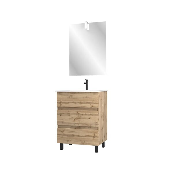 AURLANE - Pack Meuble SDB 60cm sur pieds 3 tiroirs Chene_Vasque blanche + Miroir Led - TIMBER 60_Pack41 - large