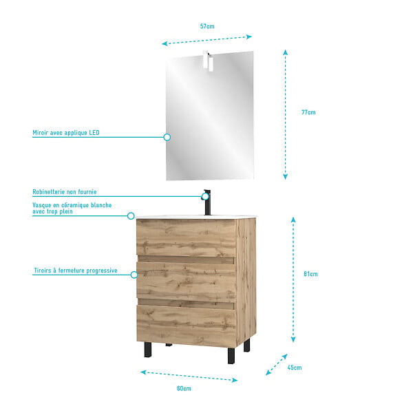 AURLANE - Pack Meuble SDB 60cm sur pieds 3 tiroirs Chene_Vasque blanche + Miroir Led - TIMBER 60_Pack41 - large
