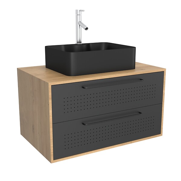 AURLANE - Meuble de Salle de Bains 80 cm avec Vasque Rectangulaire - Finition Chêne naturel et Noir Mat - UBY - large