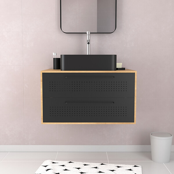 AURLANE - Meuble de Salle de Bains 80 cm avec Vasque Rectangulaire - Finition Chêne naturel et Noir Mat - UBY - large