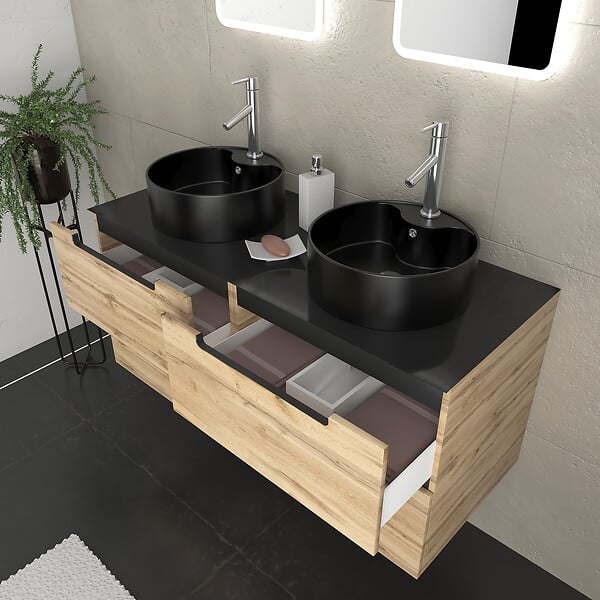 AURLANE - Meuble salle de bains 120cm Chene et noir, Vasques rondes Diam 41cm et Miroirs Led 40x60 - OMEGA - large