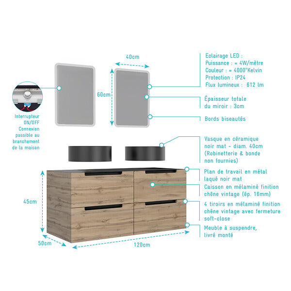 AURLANE - Meuble salle de bains 120cm Chene et noir, Vasques rondes Diam 41cm et Miroirs Led 40x60 - OMEGA - large