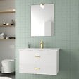 AURLANE - Meuble Salle de Bains 80cm Laqué Blanc et Or Doré à Tiroirs avec Vasque - Miroir & Applique Led - vignette
