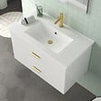 AURLANE - Meuble Salle de Bains 80cm Laqué Blanc et Or Doré à Tiroirs avec Vasque - Miroir & Applique Led - vignette