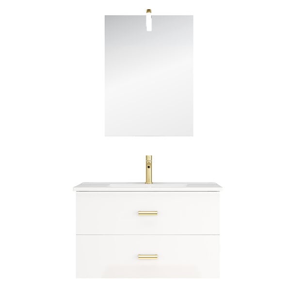 AURLANE - Meuble Salle de Bains 80cm Laqué Blanc et Or Doré à Tiroirs avec Vasque - Miroir & Applique Led - large