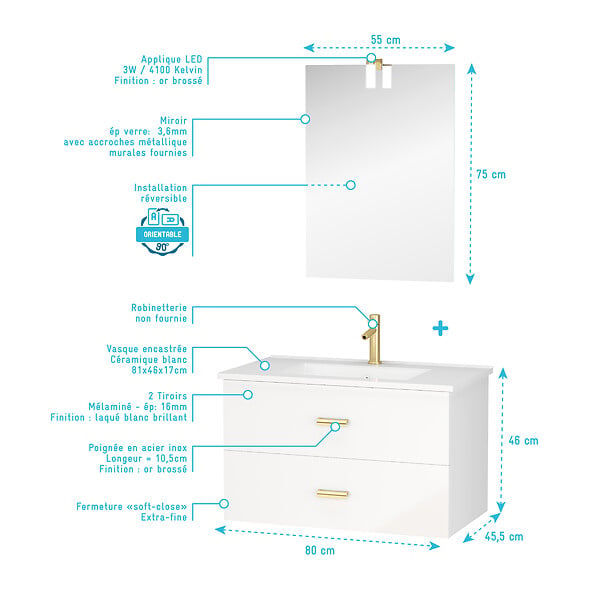 AURLANE - Meuble Salle de Bains 80cm Laqué Blanc et Or Doré à Tiroirs avec Vasque - Miroir & Applique Led - large