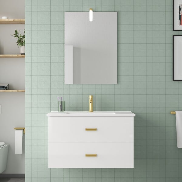 AURLANE - Meuble Salle de Bains 80cm Laqué Blanc et Or Doré à Tiroirs avec Vasque - Miroir & Applique Led - large