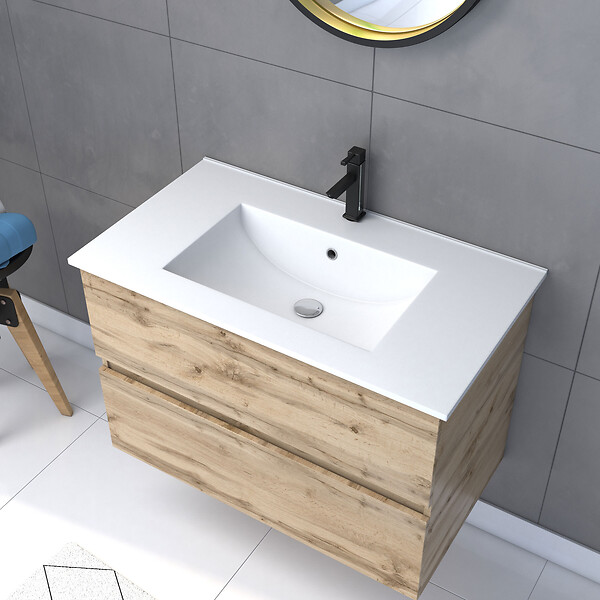 AURLANE - Pack Meuble SDB 80cm suspendu 2 tiroirs Chene_Vasque blanche + Miroir Barber - TIMBER 80 - Pack38 - large