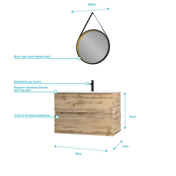 AURLANE - Pack Meuble SDB 80cm suspendu 2 tiroirs Chene_Vasque blanche + Miroir Barber - TIMBER 80 - Pack38 - large