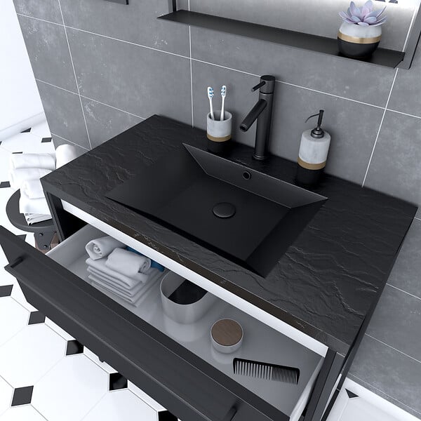 AURLANE - Meuble de salle de bain 80x50cm - 2 tiroirs - vasque résine noire effet pierre - STRUCTURA F051 - large