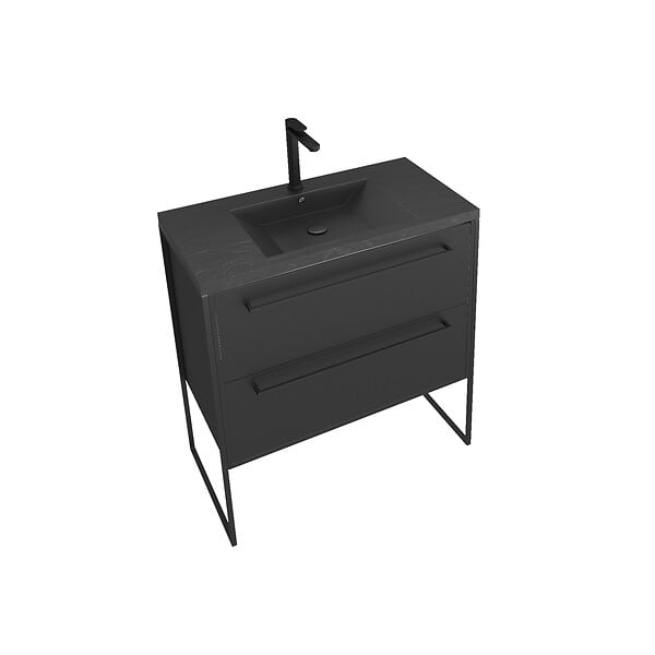 AURLANE - Meuble de salle de bain 80x50cm - 2 tiroirs - vasque résine noire effet pierre - STRUCTURA F051 - large