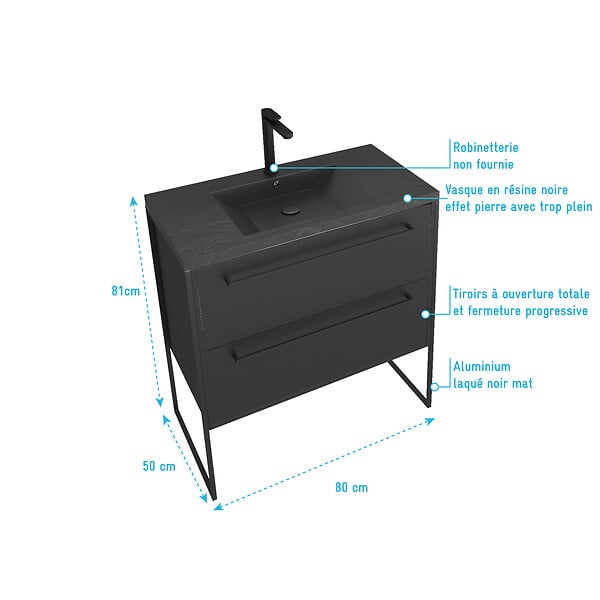 AURLANE - Meuble de salle de bain 80x50cm - 2 tiroirs - vasque résine noire effet pierre - STRUCTURA F051 - large