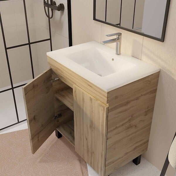 AURLANE - Meuble de salle de bains 70 cm TIMBER - Décor Chêne Naturel à portes avec Vasque céramique blanche - large