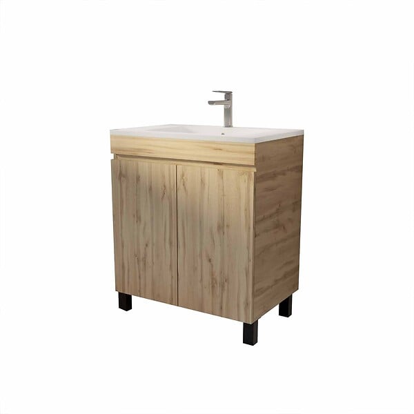 AURLANE - Meuble de salle de bains 70 cm TIMBER - Décor Chêne Naturel à portes avec Vasque céramique blanche - large