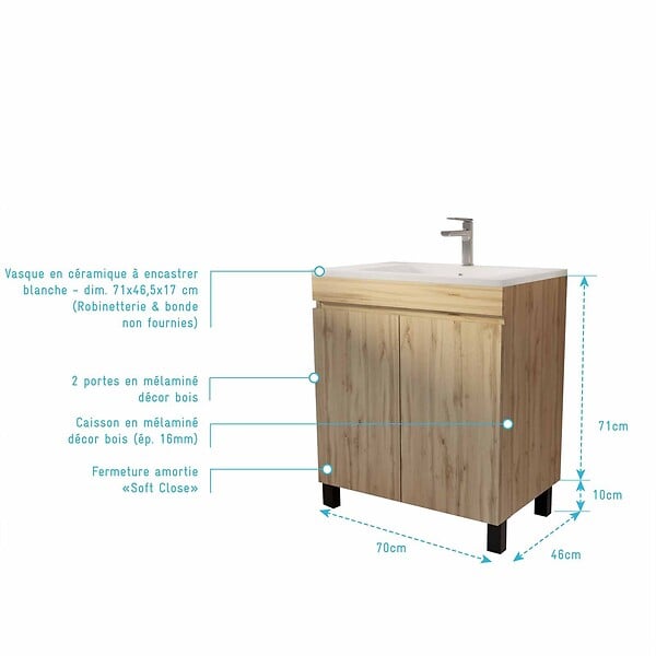 AURLANE - Meuble de salle de bains 70 cm TIMBER - Décor Chêne Naturel à portes avec Vasque céramique blanche - large