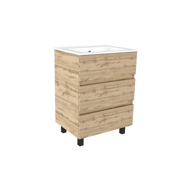 AURLANE - Meuble de salle de bains 60cm 3 Tiroirs_Chêne Naturel + Vasque céramique blanche - TIMBER 60 - large