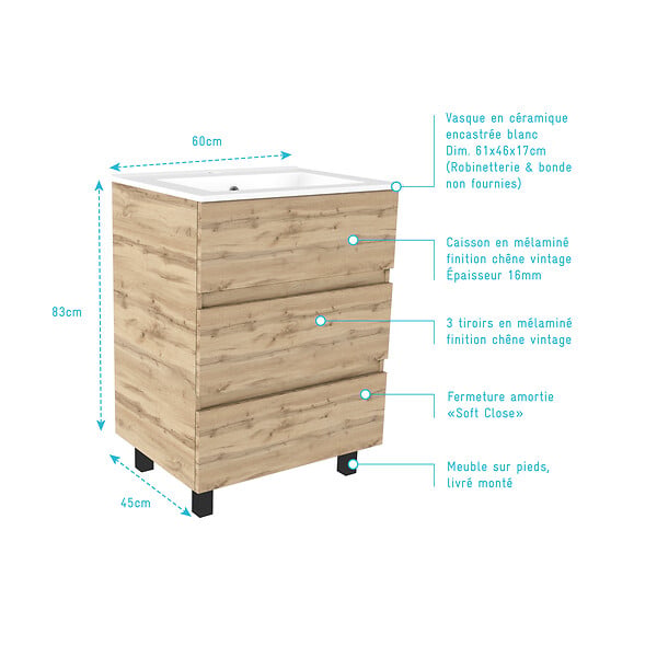 AURLANE - Meuble de salle de bains 60cm 3 Tiroirs_Chêne Naturel + Vasque céramique blanche - TIMBER 60 - large