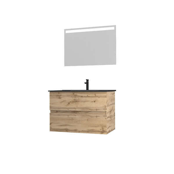 AURLANE - Meuble salle de bain 80x54 - Finition chene naturel + vasque noire + miroir Led - TIMBER 80 - Pack12 - large