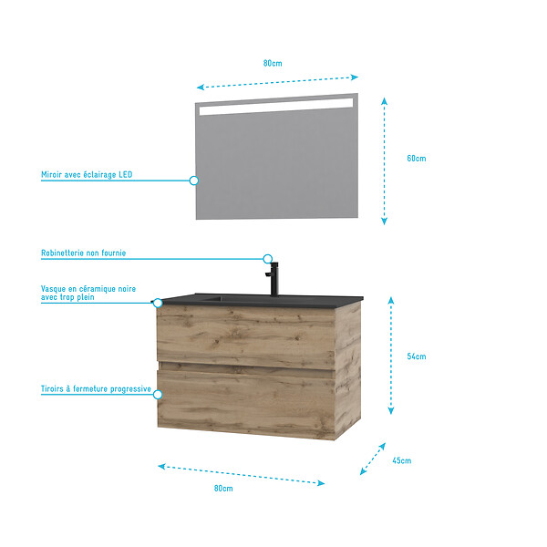 AURLANE - Meuble salle de bain 80x54 - Finition chene naturel + vasque noire + miroir Led - TIMBER 80 - Pack12 - large
