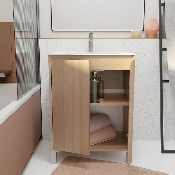 AURLANE - Pack Meuble Salle de Bains 60 cm Chêne Clair, 2 portes avec Vasque Céramique - XENOS - large