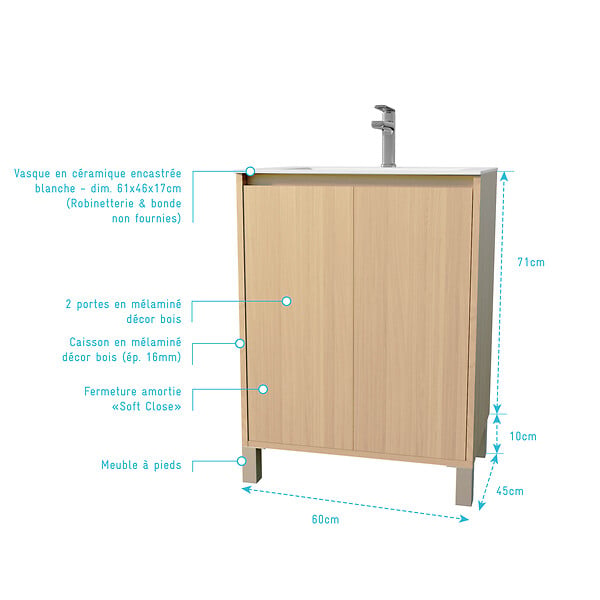 AURLANE - Pack Meuble Salle de Bains 60 cm Chêne Clair, 2 portes avec Vasque Céramique - XENOS - large