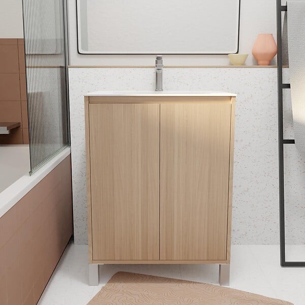AURLANE - Pack Meuble Salle de Bains 60 cm Chêne Clair, 2 portes avec Vasque Céramique - XENOS - large