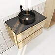 AURLANE - Meuble salle de bains 80cm Chêne Naturel 2 Tiroirs - Plan Effet Marbre Noir + Vasque Ronde Noire - vignette