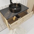 AURLANE - Meuble salle de bains 80cm Chêne Naturel 2 Tiroirs - Plan Effet Marbre Noir + Vasque Ronde Noire - vignette