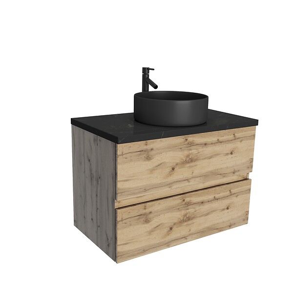AURLANE - Meuble salle de bains 80cm Chêne Naturel 2 Tiroirs - Plan Effet Marbre Noir + Vasque Ronde Noire - large