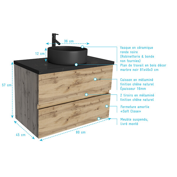 AURLANE - Meuble salle de bains 80cm Chêne Naturel 2 Tiroirs - Plan Effet Marbre Noir + Vasque Ronde Noire - large