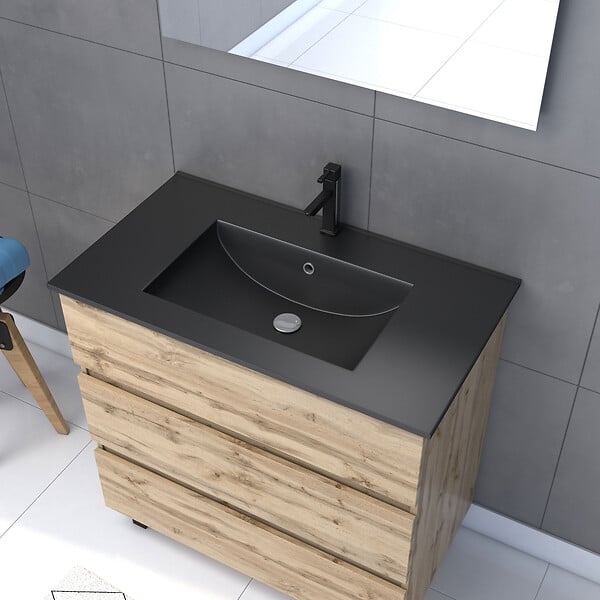 AURLANE - Meuble salle de bains 80cm décor chene naturel 3 tiroirs - Vasque noire et Miroir Led - TIMBER - large
