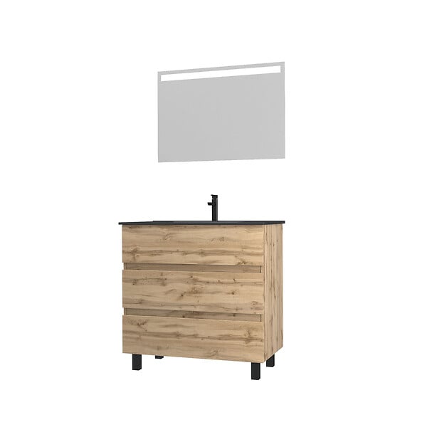 AURLANE - Meuble salle de bains 80cm décor chene naturel 3 tiroirs - Vasque noire et Miroir Led - TIMBER - large
