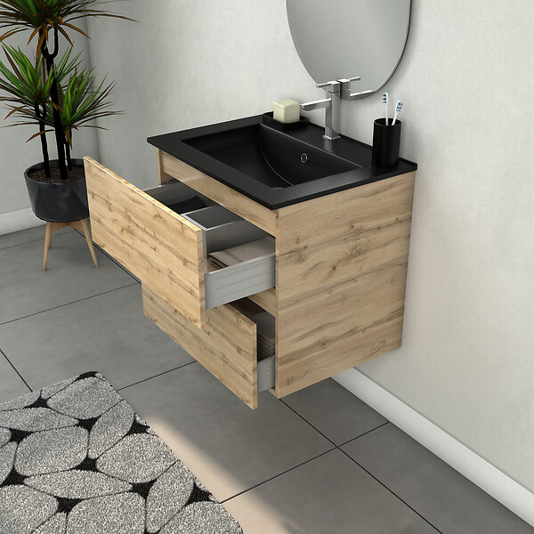 AURLANE - Meuble Salle de Bains 60cm 2 Tiroirs Chêne Naturel + Vasque Noire et Miroir Ovale - large