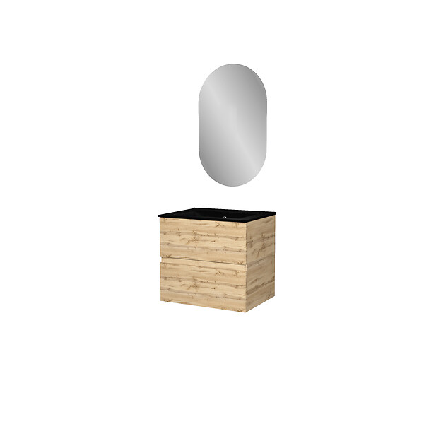AURLANE - Meuble Salle de Bains 60cm 2 Tiroirs Chêne Naturel + Vasque Noire et Miroir Ovale - large