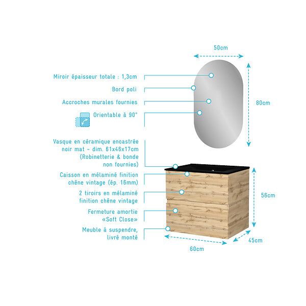 AURLANE - Meuble Salle de Bains 60cm 2 Tiroirs Chêne Naturel + Vasque Noire et Miroir Ovale - large
