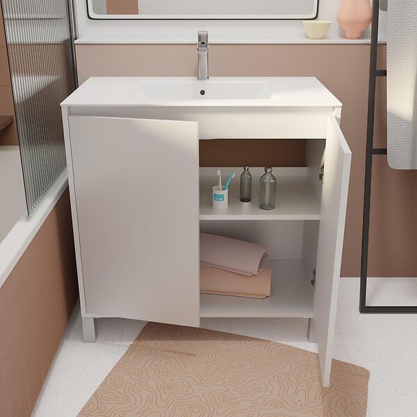 AURLANE - Pack Meuble Salle de Bains 80cm Laqué Blanc 2 Portes avec Vasque Céramique Blanche - XENOS - large