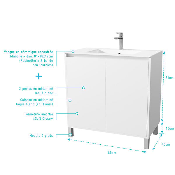 AURLANE - Pack Meuble Salle de Bains 80cm Laqué Blanc 2 Portes avec Vasque Céramique Blanche - XENOS - large