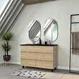 AURLANE - Meuble Salle de Bains 120cm 6 Tiroirs Chêne Naturel + Vasque Noire et Miroirs Ovales - vignette