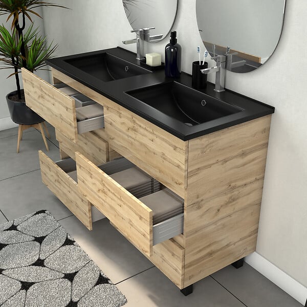 AURLANE - Meuble Salle de Bains 120cm 6 Tiroirs Chêne Naturel + Vasque Noire et Miroirs Ovales - large